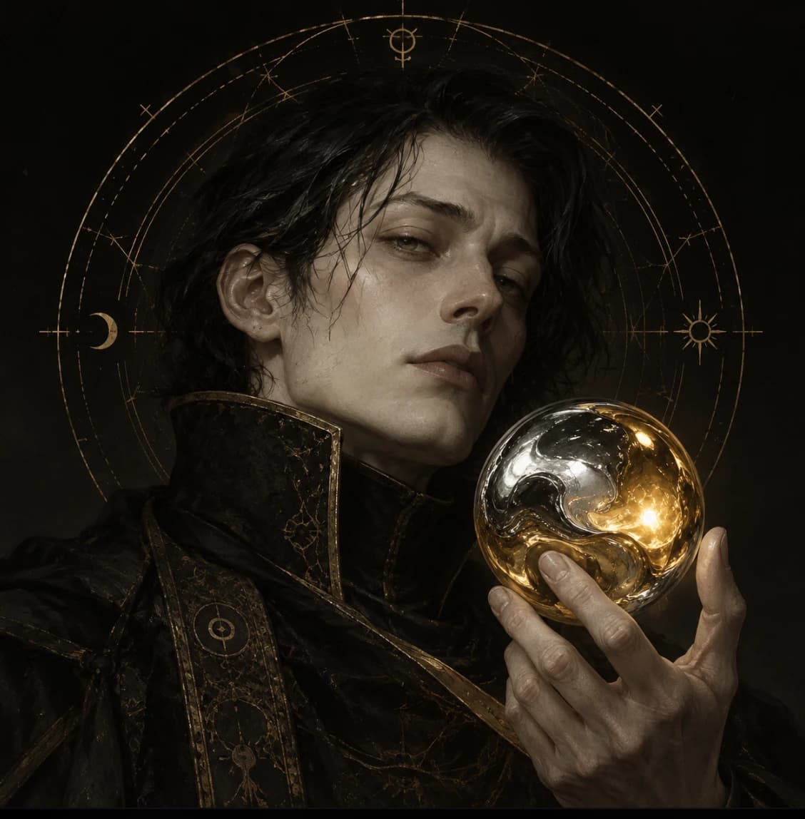 Portrait of The Custodian: a pale figure with dark hair in a high-collared robe, holding a sphere of swirling silver and gold.