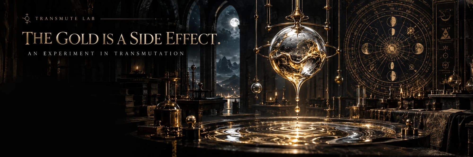 THE GOLD IS A SIDE EFFECT — a dark alchemical laboratory where a suspended sphere of mercury and gold drips into a rippling pool.